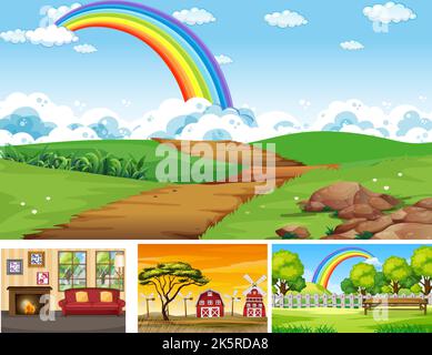 Scene diverse con illustrazione di erba e albero Illustrazione Vettoriale