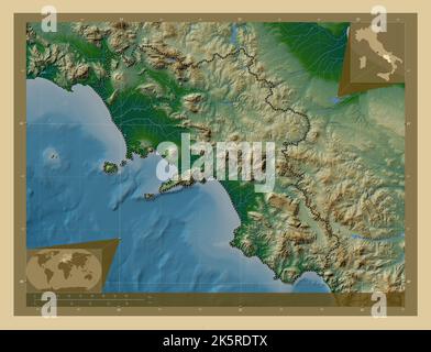 Campania, regione d'Italia. Mappa di altitudine colorata con laghi e fiumi. Mappe delle posizioni ausiliarie degli angoli Foto Stock