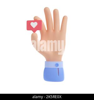 3D illustrazione della mano con messaggio simile isolato su sfondo bianco. Dita umane che tengono rosso cuore bolla di discorso. Icona feedback cliente. Simbolo di soddisfazione, amore. Comunicazione sui social media Foto Stock