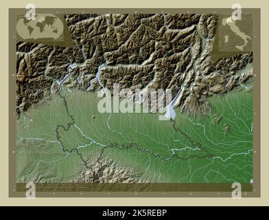 Lombardia, regione d'Italia. Mappa dell'altitudine colorata in stile wiki con laghi e fiumi. Mappe delle posizioni ausiliarie degli angoli Foto Stock