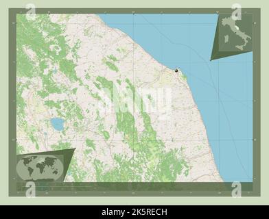 Marche, regione d'Italia. Aprire la mappa stradale. Mappe delle posizioni ausiliarie degli angoli Foto Stock