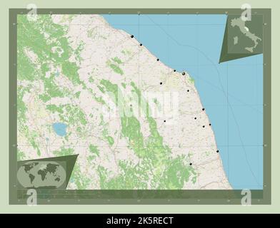 Marche, regione d'Italia. Aprire la mappa stradale. Posizioni delle principali città della regione. Mappe delle posizioni ausiliarie degli angoli Foto Stock