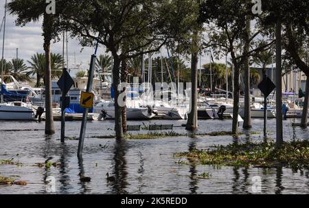 Sanford, Stati Uniti. 09th Ott 2022. Il Sanford Riverwalk è visto allagato vicino al porticciolo mentre il fiume St. John raggiunge la principale fase di alluvione, causando il lago Monroe a rompere il muro di mare dopo l'uragano Ian nel centro di Sanford. Il fiume di San Giovanni è prevista cresta stasera prima di lentamente recedere. (Foto di Paul Hennessy/SOPA Images/Sipa USA) Credit: Sipa USA/Alamy Live News Foto Stock