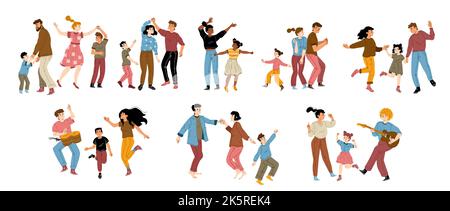 Famiglia danza, gioire, divertimento, concetto di festa a casa con genitori felici e bambini personaggi ballare insieme. Padre o madre con bambini che suonano chitarra e batteria, Cartoon lineare vettore piatto illustrazione Illustrazione Vettoriale