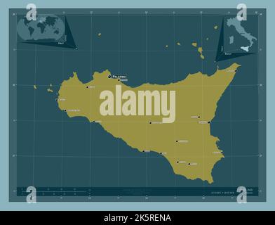 Sicilia, regione autonoma d'Italia. Forma a tinta unita. Località e nomi delle principali città della regione. Mappe delle posizioni ausiliarie degli angoli Foto Stock
