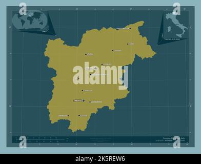 Trentino-Alto Adige, regione autonoma d'Italia. Forma a tinta unita. Località e nomi delle principali città della regione. Mappe delle posizioni ausiliarie degli angoli Foto Stock