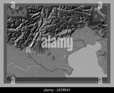 Veneto, regione d'Italia. Mappa altimetrica bilivello con laghi e fiumi. Posizioni delle principali città della regione. Mappe delle posizioni ausiliarie degli angoli Foto Stock