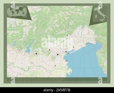 Veneto, regione d'Italia. Aprire la mappa stradale. Posizioni delle principali città della regione. Mappe delle posizioni ausiliarie degli angoli Foto Stock