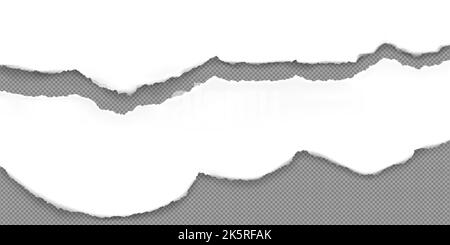 Strisce di carta strappate bianche, scarti realistici con bordi strappati e irregolari. Note adesive, frammenti di pagine del notebook, bordi senza cuciture elementi di design isolati su sfondo trasparente, illustrazione vettoriale 3D Illustrazione Vettoriale
