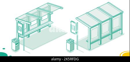 Fermata bus isometrica. Concetto di contorno isolato su bianco. Illustrazione vettoriale. Vista anteriore e posteriore. Illustrazione Vettoriale