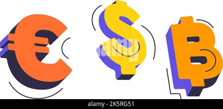 Valute di euro, dollaro e bitcoin, denaro Illustrazione Vettoriale