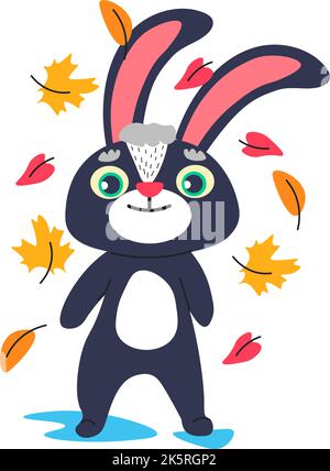 Coniglietto con foglie in caduta, stagione autunnale Illustrazione Vettoriale