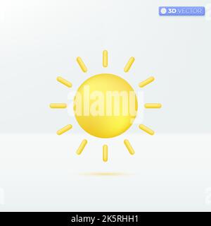 Simboli dell'icona del sole giallo. Design per app mobile e sito Web, natura, meteo, concetto estivo caldo. Disegno di illustrazione con isolamento vettoriale 3D. Incolla cartoni animati Illustrazione Vettoriale