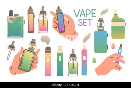 Vape negozio set colorato. Sigarette elettroniche e set di nastri. Illustrazione vettoriale moderna Illustrazione Vettoriale