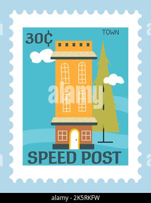 Postmark con architettura edificio, cartolina Illustrazione Vettoriale