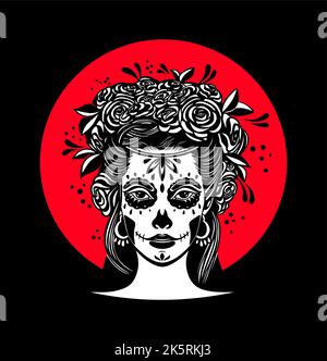 Logo in stile Calavera. Dia de los muertos, giorno dei morti è una vacanza messicana. Ragazza con fiori nei capelli e Donna con make-up - cranio zucchero. Illustrazione Vettoriale