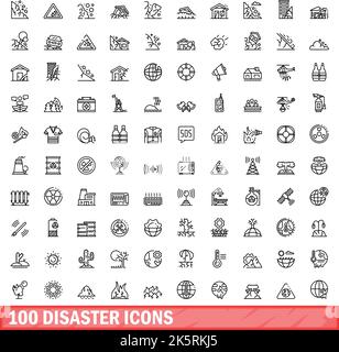 100 icone di emergenza impostate. Illustrazione di un vettore di 100 icone di disastro isolato su sfondo bianco Illustrazione Vettoriale