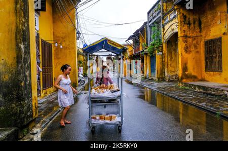 Una venditrice vietnamita femminile vende i suoi articoli dal suo carrello alimentare nella città vecchia di Hoi An, Vietnam. Foto Stock