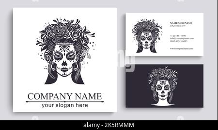 Logo in stile Calavera. Dia de los muertos, giorno dei morti è una vacanza messicana. Ragazza con fiori nei capelli e Donna con make-up - cranio zucchero. Illustrazione Vettoriale