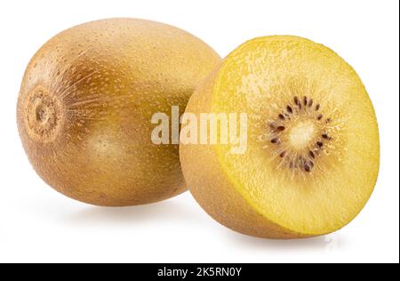 Kiwi d'oro e taglio a croce di kiwi isolato su fondo bianco. Foto Stock