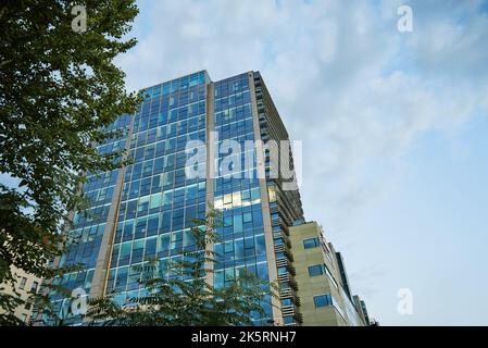 Facciata di vetro di edificio con alberi verdi, moderno edificio per uffici in citta' per societa' d'affari, residenziale contemporaneo Foto Stock