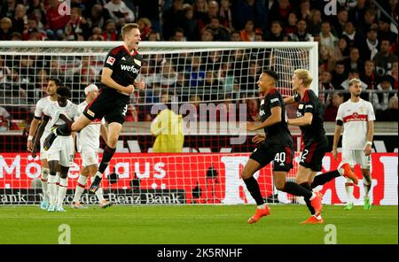 Stoccarda, Germania. 9th Ott 2022. Paul Jaeckel (top) del FC Union Berlin festeggia dopo aver segnato durante la partita di calcio tedesca della prima divisione Bundesliga tra VfB Stuttgart e FC Union Berlin a Stoccarda, Germania, 9 ottobre 2022. Credit: Philippe Ruiz/Xinhua/Alamy Live News Foto Stock