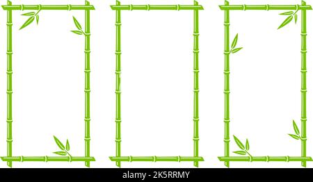 Cornici rettangolari in bambù verde. Caselle di testo naturali verticali. Il ramo di bambù confina con foglie. Modello di cornice vuoto. Illustrazione vettoriale Illustrazione Vettoriale