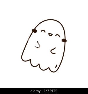 Fantasma simpatico e divertente isolato su sfondo bianco. Disegno vettoriale a mano in stile doodle. Carattere Kawaii. Perfetto per carte, decorazioni Illustrazione Vettoriale