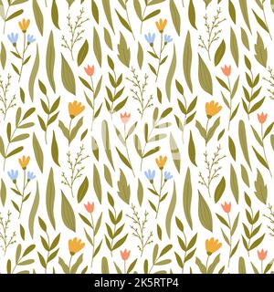 Motivo botanico senza cuciture con fiori di prato, foglie e rami. Illustrazione vettoriale in stile piatto disegnato a mano. Perfetto per decorazioni, sfondi Illustrazione Vettoriale