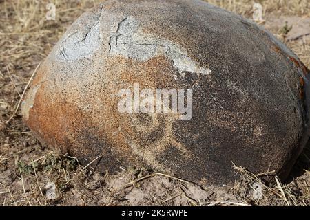 Petroglifi, Giardino delle pietre, sito della torre di Burana, Valle di Chui, Regione di Chui, Kirghizistan, Asia centrale Foto Stock