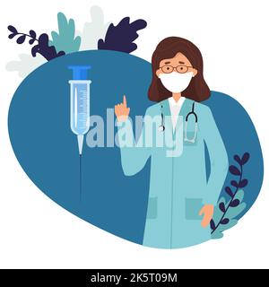 Il medico con siringa grande e il vaccino previene la diffusione di coronavirus terribile. Vaccinazione. La medicina di concetto protegge la gente dall'influenza. La medicina protegge Illustrazione Vettoriale