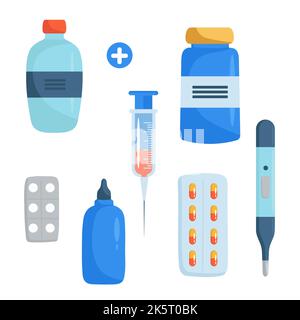 Set di pillole isolato su concetto bianco tempo Medicina. Flacone di medicinale, capsule, pillole. Illustrazione Vettoriale