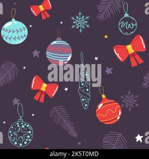 Modello natalizio senza cuciture con palle, baubles, coni, archi sfondo blu. Perfetto per inviti alle vacanze, biglietti d'auguri invernali, carta da parati e gif Illustrazione Vettoriale