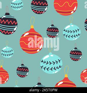 Modello natalizio senza cuciture con palle, baubles, coni, archi sfondo blu. Perfetto per inviti alle vacanze, biglietti d'auguri invernali, carta da parati e gif Illustrazione Vettoriale