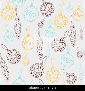 Modello natalizio senza cuciture con palle, baubles, coni, archi sfondo blu. Perfetto per inviti alle vacanze, biglietti d'auguri invernali, carta da parati e gif Illustrazione Vettoriale