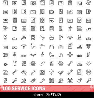 100 icone di manutenzione impostate. Illustrazione schematica del set vettoriale delle icone di servizio 100 isolato su sfondo bianco Illustrazione Vettoriale