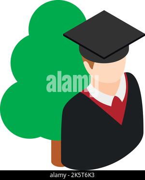 Istruzione superiore icona vettore isometrico. Ragazzo laureato in tappo di laurea vicino all'albero. Concetto di istruzione, laurea Illustrazione Vettoriale