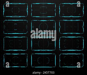 Frame target di controllo puntamento HUD. Interfaccia UI, mirino elettronico militare, display a mirino per pistola UI giochi, quadri digitali vettoriali del pannello di controllo. Schermi futuristici del cruscotto del pilota di aeroplano Illustrazione Vettoriale