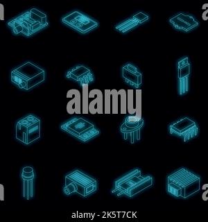 Icone del regolatore di tensione impostate. Serie isometrica di icone vettoriali del regolatore di tensione di colore neon nero Illustrazione Vettoriale