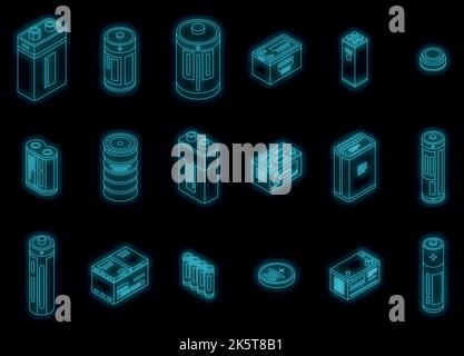 Icone della batteria impostate. Serie isometrica di icone vettoriali della batteria di colore neon nero Illustrazione Vettoriale