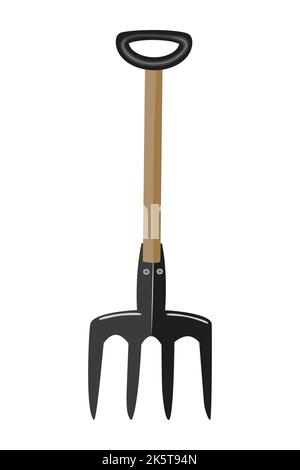 Pitchfork isolato. Forchetta con mano di legno. Forchetta per giardinaggio e agricoltura. Strumento di lavoro agricolo. Forchetta per lavorare con fieno ed erba secca. Vettore Illustrazione Vettoriale