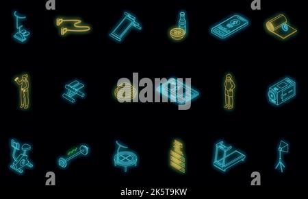 Set di icone del blog di fitness. Isometric set di fitness blog vettoriale icone colore neon nero Illustrazione Vettoriale