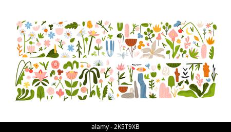 Disegno a mano vettore astratto grafico clipart illustrazioni collezione set di composizione con astratto boho natura forme di fiori e fiori in fiore Illustrazione Vettoriale