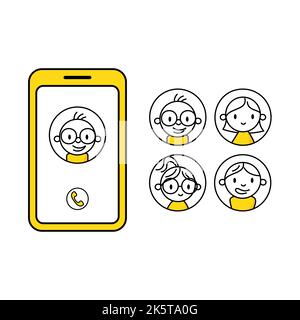 Chiamate su un telefono cellulare con avatar diversi. Set di icone per l'immagine del profilo avatar, inclusi maschio e femmina. Concetto di social media. Illustrazione dello stock vettoriale Illustrazione Vettoriale