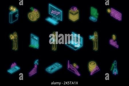 Set di icone grafico Bitcoin. Set isometrico di icone vettoriali bitcoin colore neon nero Illustrazione Vettoriale