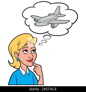 Ragazza che pensa a un aereo Jet - Un'illustrazione del cartone animato di una ragazza che pensa a prenotare un volo su un aereo Jet. Illustrazione Vettoriale