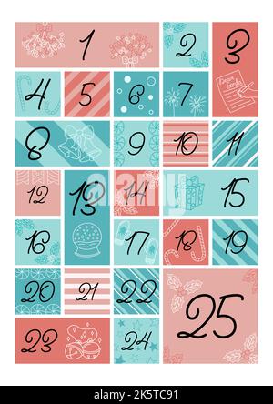 Calendario dell'avvento pagina verticale A4, A5. Elementi del doodle di Natale. Numeri di Natale da 1 a 25. Illustrazione vettoriale delle feste disegnate a mano. Tradizionale dec Illustrazione Vettoriale