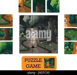 Puzzle Game per bambini con animali, Bear in un gioco di attività per bambini in una foresta profonda. Illustrazione Vettoriale