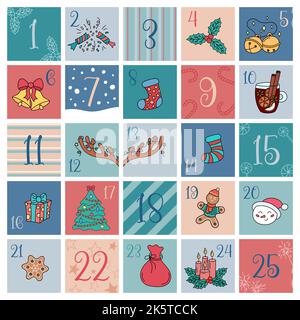 Calendario dell'avvento. Divertente Natale doodle elementi. Numeri di Natale da 1 a 25. Illustrazione vettoriale di oggetti disegnati a mano per le vacanze su piazze colorate. TR Illustrazione Vettoriale