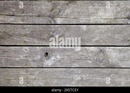Pavimentazione in legno invecchiato, parete con nodi, crepe e chiodi Foto Stock